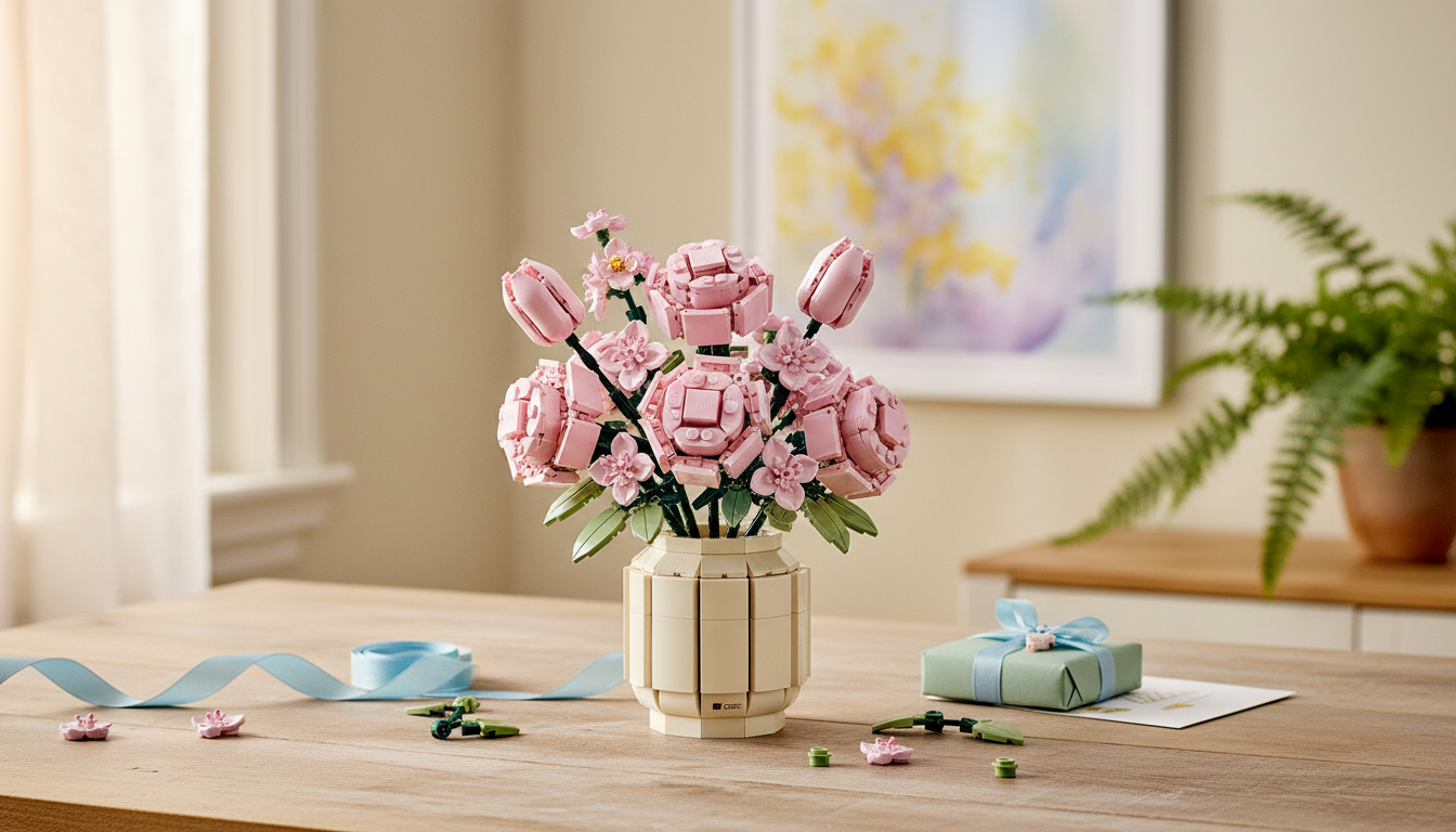 découvrez le set lego du charmant bouquet de fleurs roses, le cadeau parfait pour la fête des mères. profitez d'une remise exceptionnelle de 28% pour faire plaisir avec originalité et couleur.