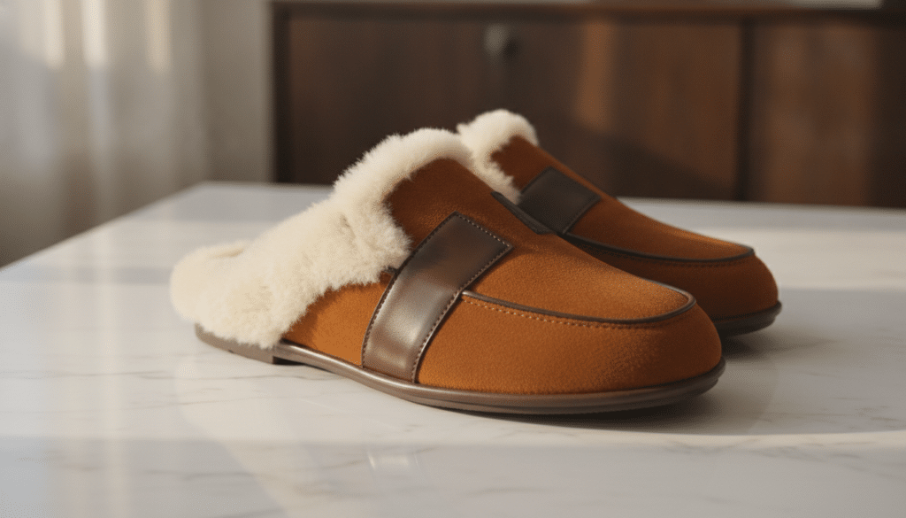 découvrez nos chaussons de luxe en daim, cuir et fourrure, où le raffinement et l'élégance dépassent les 1 000 euros pour un confort exceptionnel.