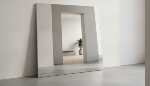 découvrez un miroir posé au sol qui transforme les entrées en espaces ouverts, effaçant les frontières des murs sans nécessiter d'accrochage.
