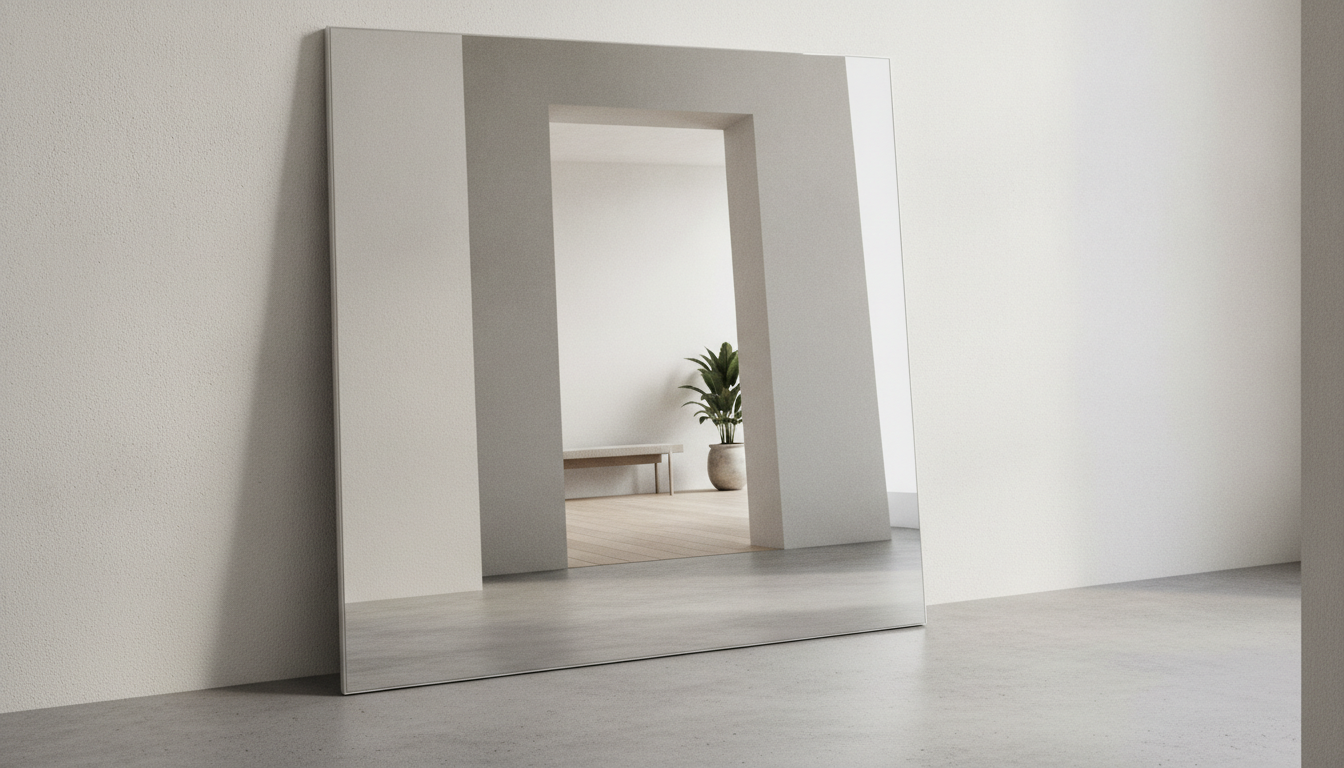 découvrez un miroir posé au sol qui transforme les entrées en espaces ouverts, effaçant les frontières des murs sans nécessiter d'accrochage.