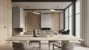 apportez une touche d'élégance et de sophistication à votre intérieur avec cette table effet travertin, l'élément clé pour un décor digne d'un architecte.